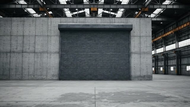 A large industrial warehouse interior, concrete walls, roller door, metal beams, and open roof with skylights