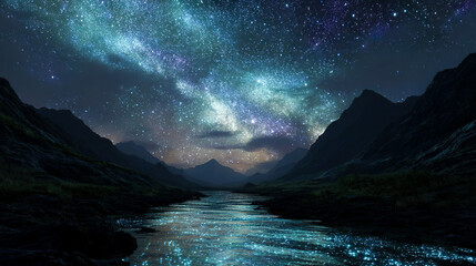 神秘的な満天の星と輝く川の風景