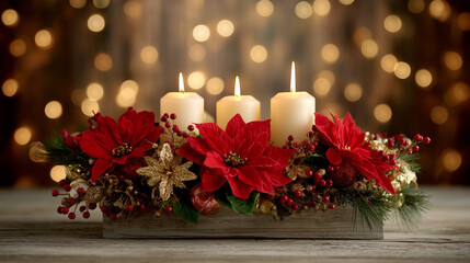 Christmas candle decoration centerpiece with red flowers