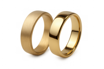 Two gold wedding rings showcasing contrasting textures, a shiny polished finish and a subtle matte brushed look, on transparent background