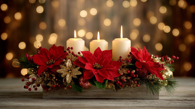 Christmas candle decoration centerpiece with red flowers