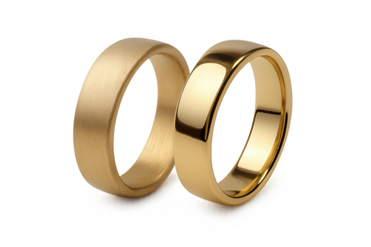 Two gold wedding rings showcasing contrasting textures, a shiny polished finish and a subtle matte brushed look, on transparent background