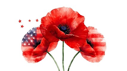 Watercolor illustration of red poppies with an American flag overlay and floating stars, symbolizing remembrance.