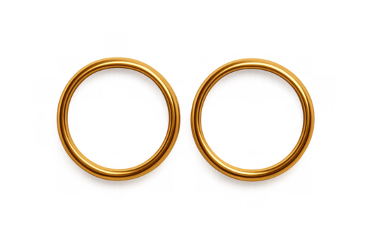 Two golden wedding rings symbolizing marriage, commitment, love, engagement, and eternity on transparent background