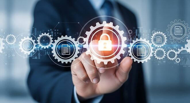 Digital security and data protection concept with businessman interacting with a lock icon and gears on a digital interface, representing cybersecurity and privacy - Powered by Adobe