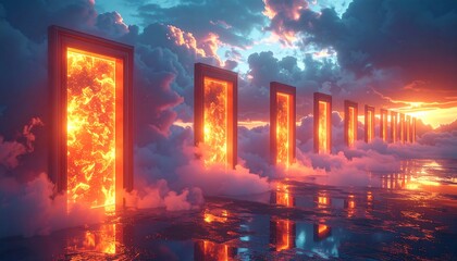 Surreal image of flaming doors in a cloudy, reflective landscape at sunset