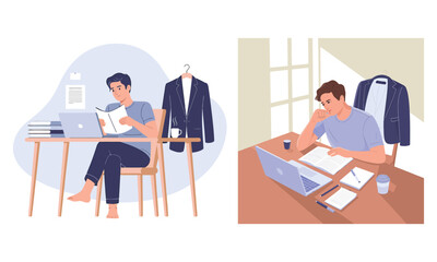 Young man working studying remotely from home office with laptop and documents