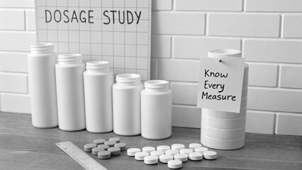 Study of Dosage Measurement with White Containers and Tablets on a Wooden Table in a Minimalistic Design