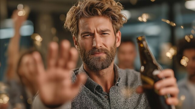 No alcohol, sober  When a party man refuses a drink at work, coworkers argue in a calm, firm manner.