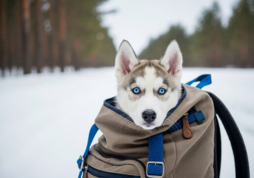 Adorable husky puppy with bright blue eyes sitting in a backpack. Cute siberian husky dog in a snowy winter forest. Pet travel and adventure concept