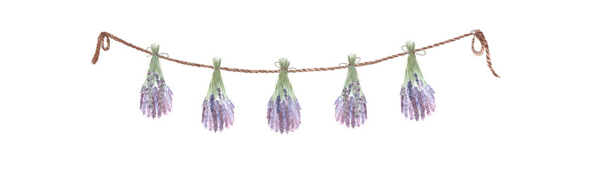 Lavender bundles tied to rustic rope, creating a charming botanical garland watercolor composition isolated on white. Delicate purple flowers with green stems, perfect for decoration, design projects