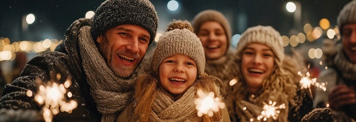 A family celebrating Christmas and New Year's Eve with wrapped winter attire and happy faces while watching fireworks