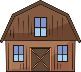 Cartoon of a wooden barn with doors and windows