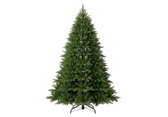 A realistic artificial christmas tree with a full green silhouette, isolated on transparent background