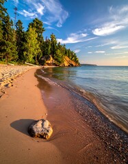 Beach with sand, blue water, and trees, under a sunny sky