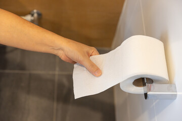 Personal Hygiene Concept: Close-up of Female Hand Tearing off a Sheet of Tissue from a Toilet Roll.