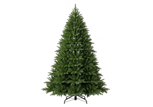A realistic artificial christmas tree with a full green silhouette, isolated on transparent background
