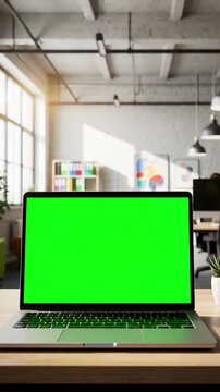 Green Screen laptop on the desk in office shows mock up background bright creative open space loft hub with professional working scene 2 distortion, overlay, glitch, static noise, scan lines black
