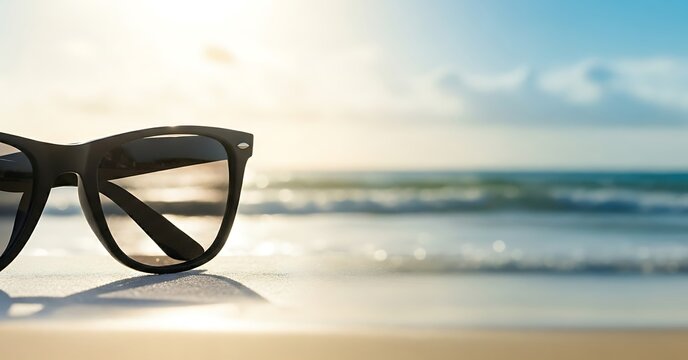 Sunglasses resting on a sandy beach with ocean waves and a bright sky in the background scene outdoors