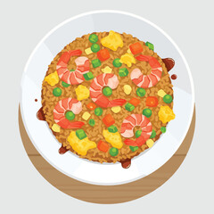 Delicious Shrimp Fried Rice with Peas and Pineapple Chunks on White Plate.