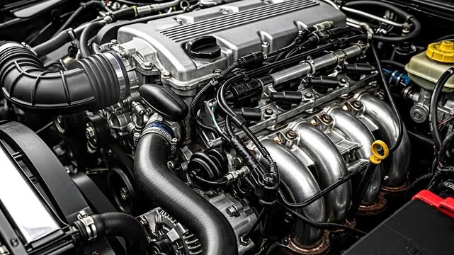 A detailed close-up of a car engine showcasing its intricate components and mechanical beauty