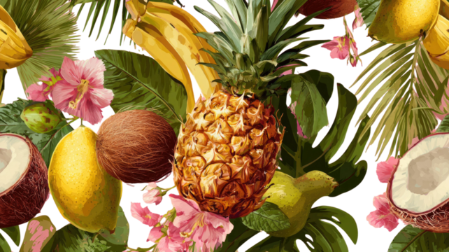 Juicy, fresh pineapple and coconut, isolated on white, with a ripe, healthy banana and sweet orange next to a palm tree on a tropical beach