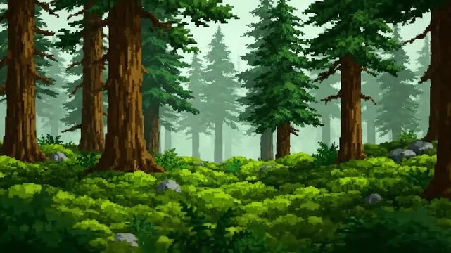 A pixelated illustration of a serene forest landscape, featuring towering trees and verdant undergrowth