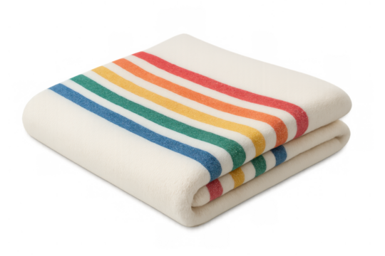 Wool blanket with colorful stripes, folded, a cozy soft textile for warmth and comfort, transparent background