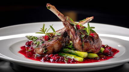 Lamb cutlets served with red sauce fine dining food