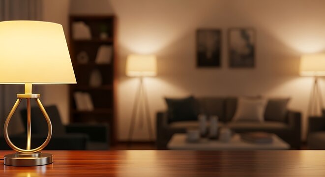 A lamp on a wooden table in a living room with a bookshelf and couch in the blurred background view