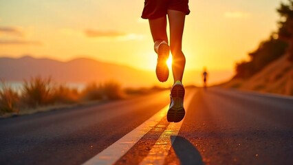 A person running on a road during a vibrant sunset or sunrise, casting a long shadow.