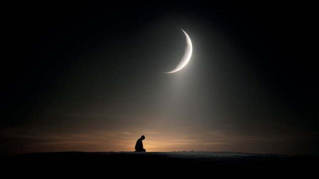 Lone figure gazing at crescent moon during Ramadan night