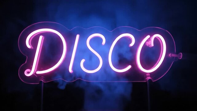 Pink neon "Disco" sign with blue smoke against a dark backdrop