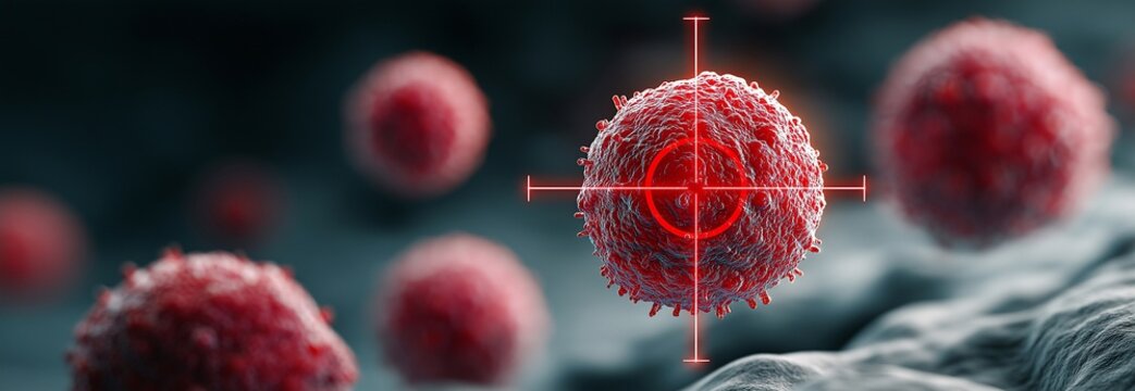 Immune cells under a red target crosshair signify advancements in cancer research and medicine that concentrate on cell interaction and the creation of treatments.
