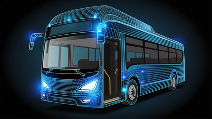 Futuristic Blue Wireframe Bus with Glowing Lights transportation vehicle