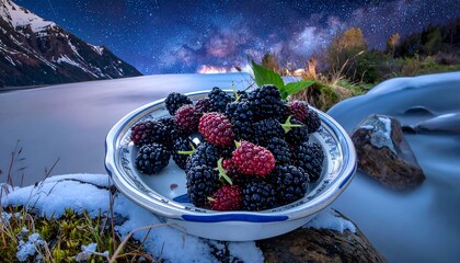 Berries sit in a bowl overlooking a flowing river, snowy banks, and stars