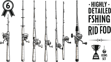 Six fishing rods with reels and trophy icons set fishing reel fishing equipment