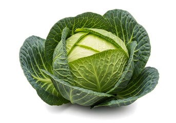 Fresh Green Cabbage with Water Droplets on White Background