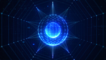 Futuristic digital background showing a glowing blue quantum computing network with data connections and abstract light lines. Perfect for technology and innovation themes. 3D Rendering