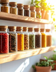 Colorful Spices in Glass Jars on Wooden Shelf, Natural Light