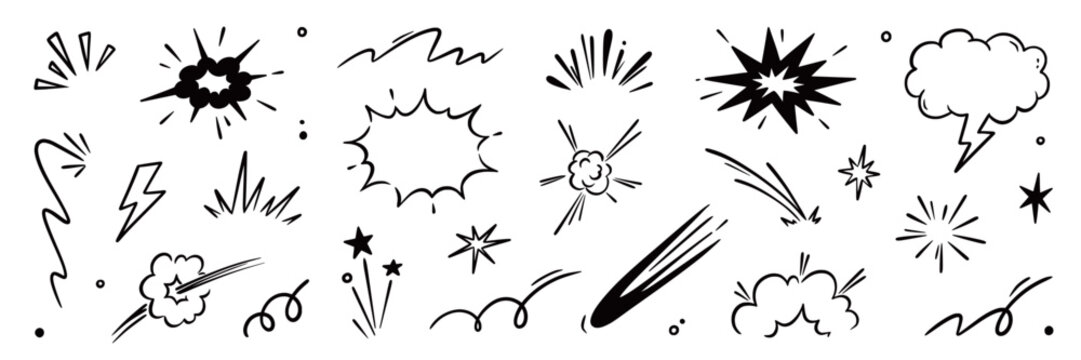Comic line speed effect cartoon explosive vector set. Hand drawn sketch doodle comic line speed motion, explosive cartoon burst, boom energy, impact power action element. Vector illustration