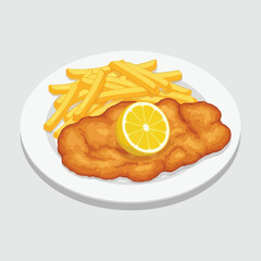 Delicious Wiener Schnitzel with Golden French Fries and Fresh Lemon Slice.