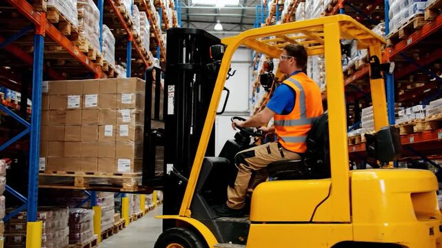 A forklift operator maneuvers through a warehouse, lifting a pallet of goods. The shelves are filled with boxes