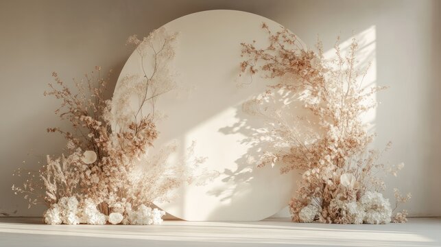 Dried flowers decorate a circular backdrop, studio setting, sunlight