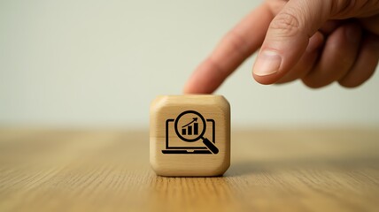 Closeup of a finger about to tap on a wooden block with a magnifying glass over a laptop screen displaying a bar graph, symbolizing data analysis and insights