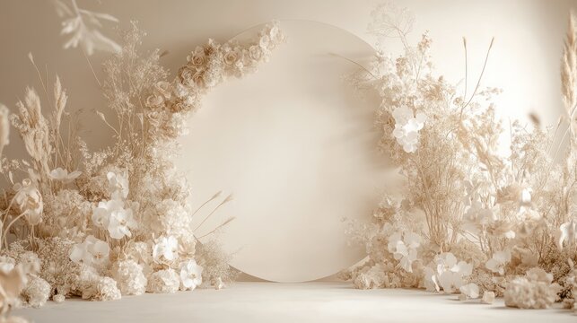 Beige floral backdrop, circle display, neutral studio