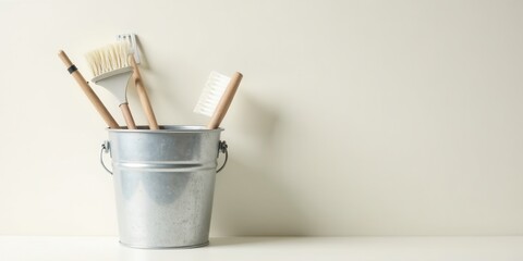Clean home organization tools in a metal pail against a neutral backdrop
