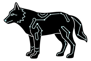 Black wolf silhouette with circuit board pattern isolated on white background