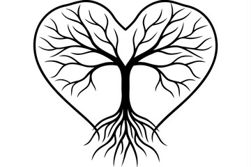 Heart shaped tree with roots silhouette isolated on white background