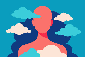 Abstract human silhouette surrounded by clouds isolated on white background